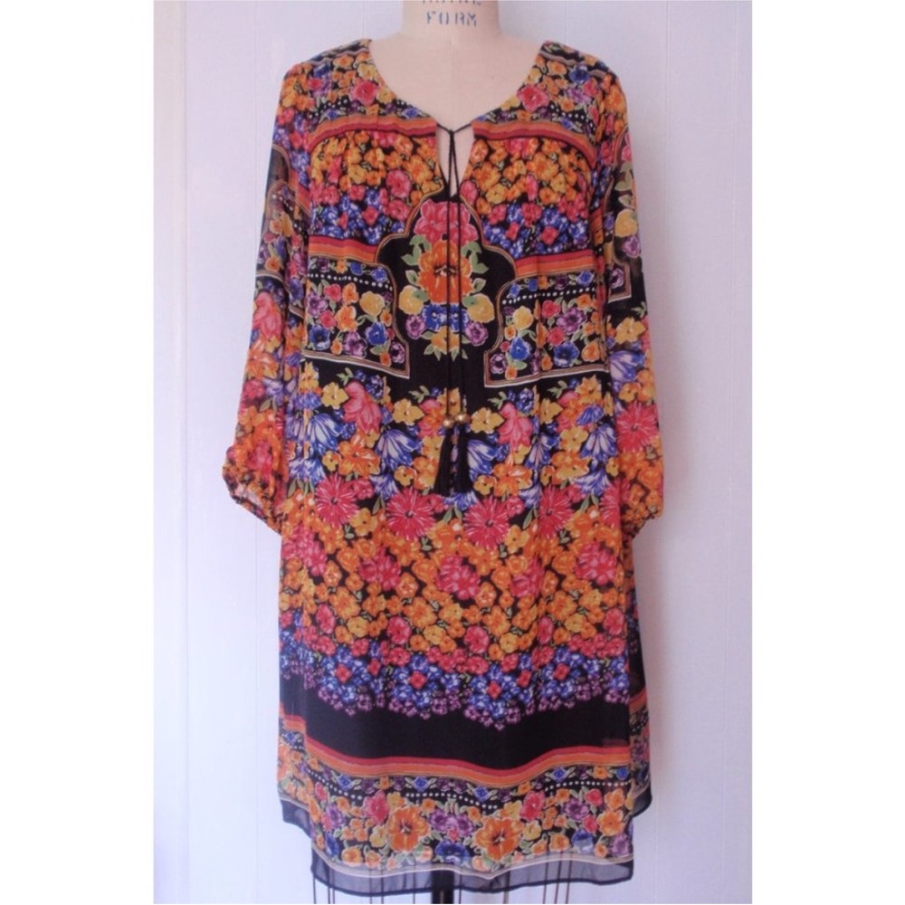 NWT New York & Company Black Pink Orange Floral 3/4 Sleeve Swing Dress